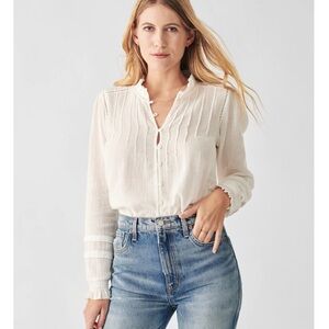 Faherty Willa Swiss Dot Blouse White Ruffle Long Sleeve Shirt